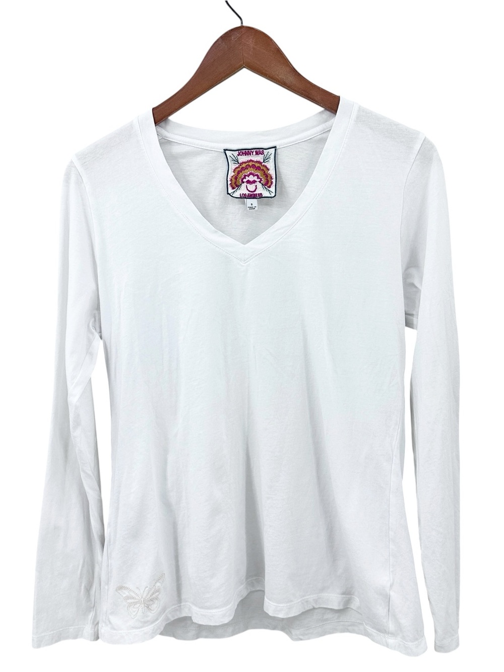 JOHNNY WAS Shirt Top Butterfly Embroidered Long Sleeve White